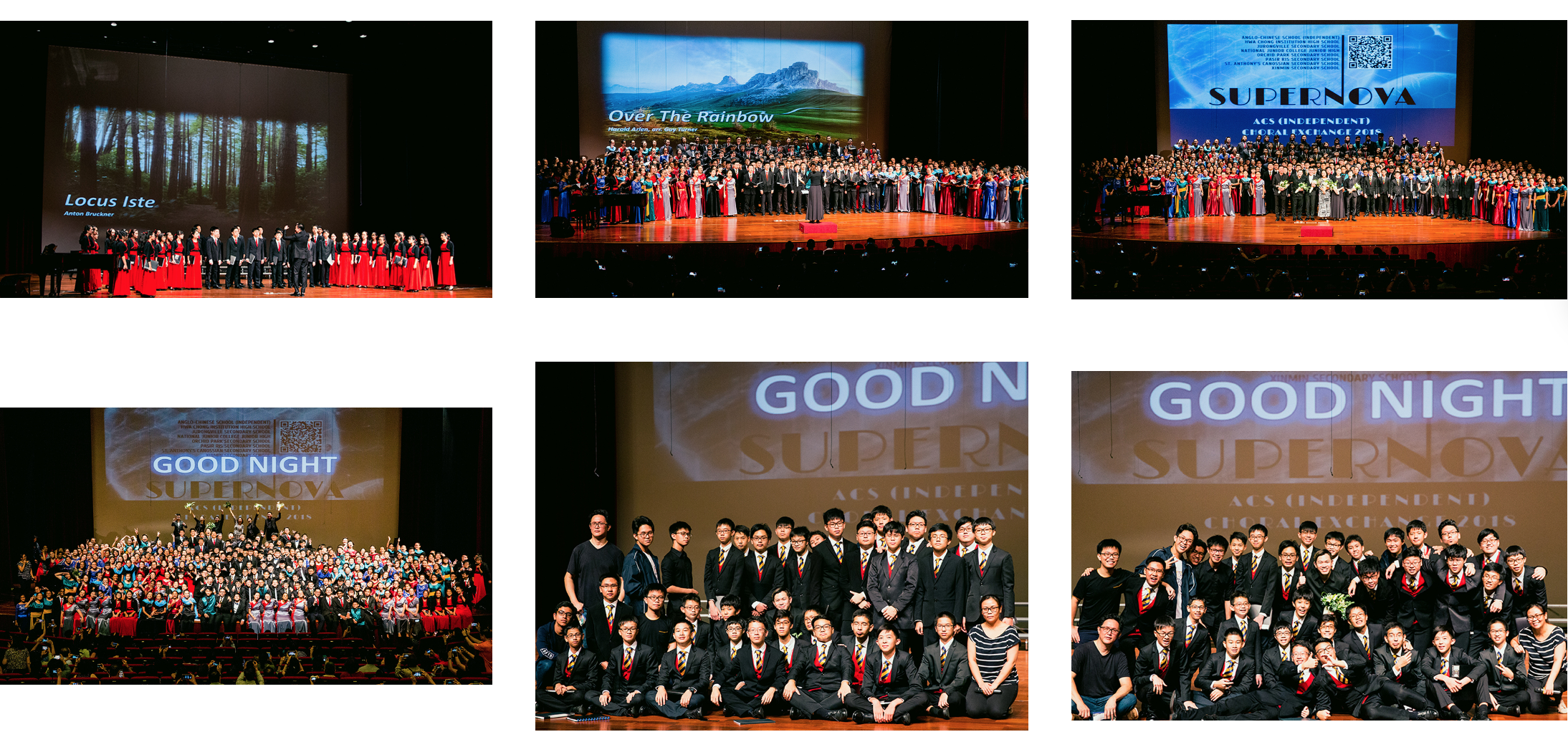 Six photos from a choral exchange event called Supernova, showing large groups of singers on stage and posing together.
